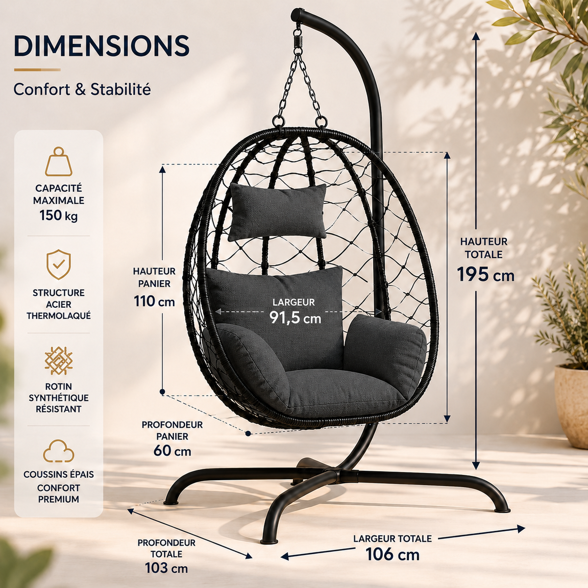 Le Mistral, Fauteuil Suspendu en Rotin Noir | Summerbed